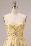 Sparkly Yellow Sequin Spaghetti Straps A-Line Short Homecoming Dress