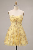Corset Yellow Sparkly Sequin A-Line Short Homecoming Dress
