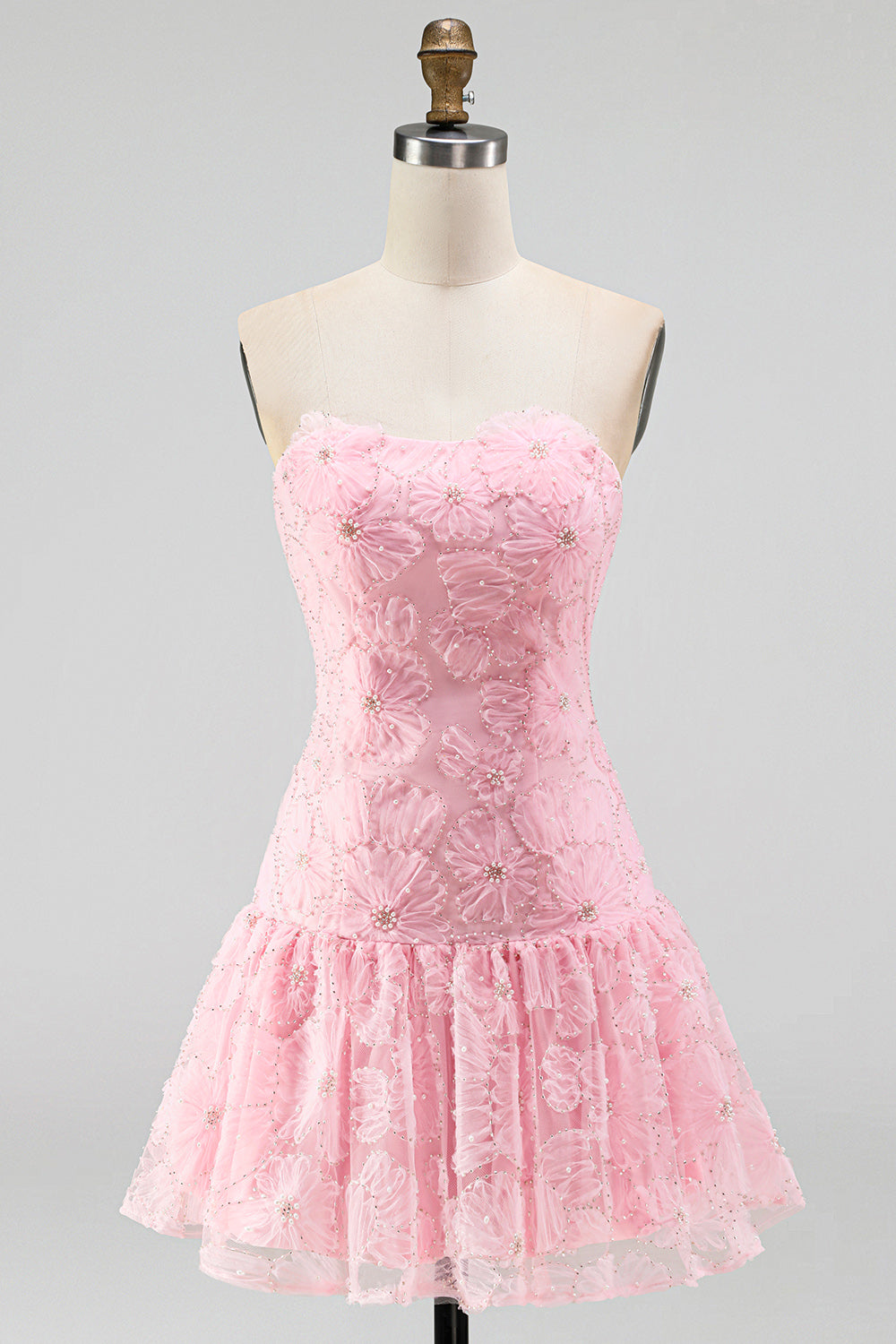 Floral Pink Beaded A-Line Short Homecoming Dress