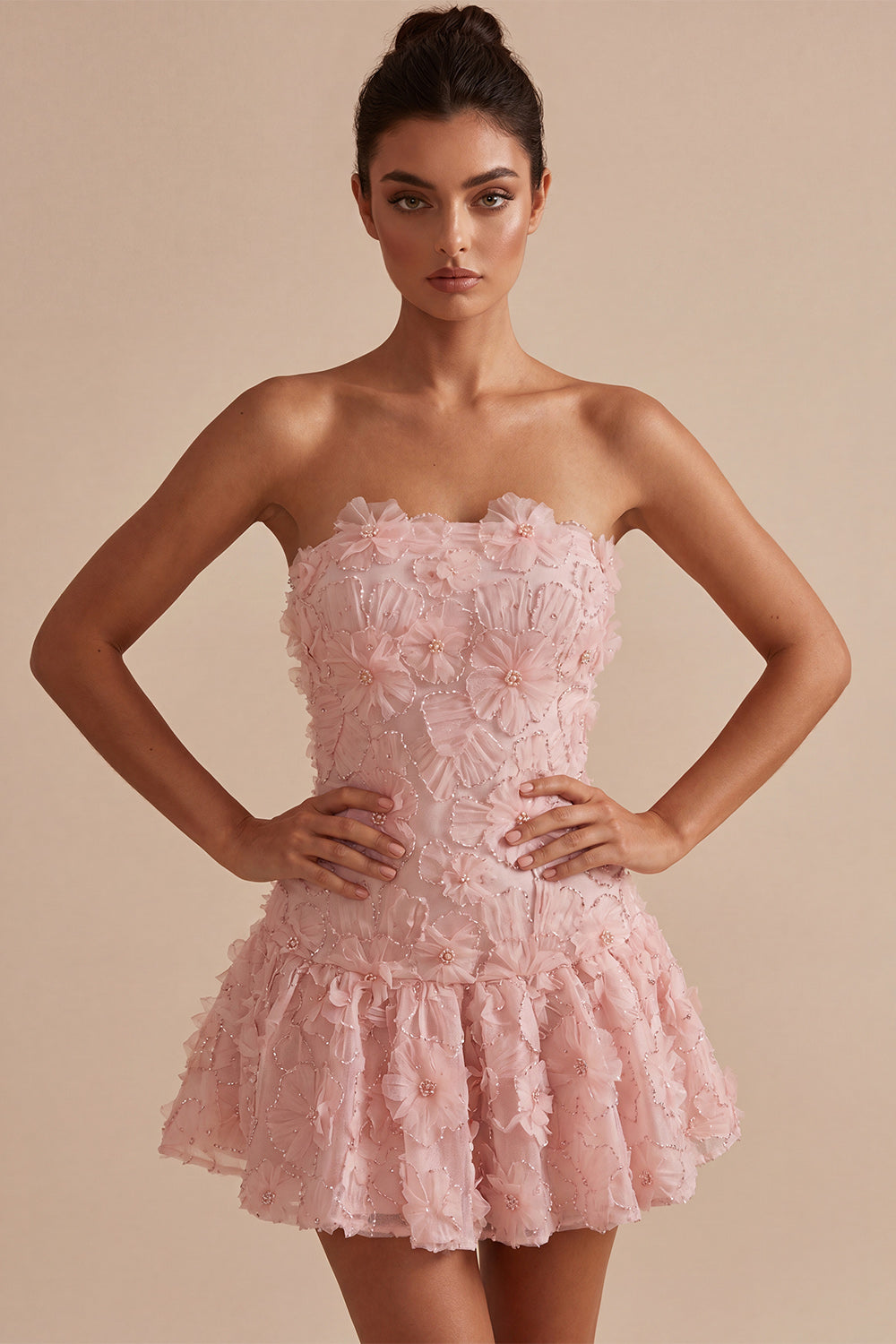 Floral Pink Beaded A-Line Short Homecoming Dress