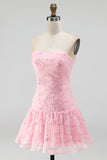 Floral Pink Beaded A-Line Short Homecoming Dress