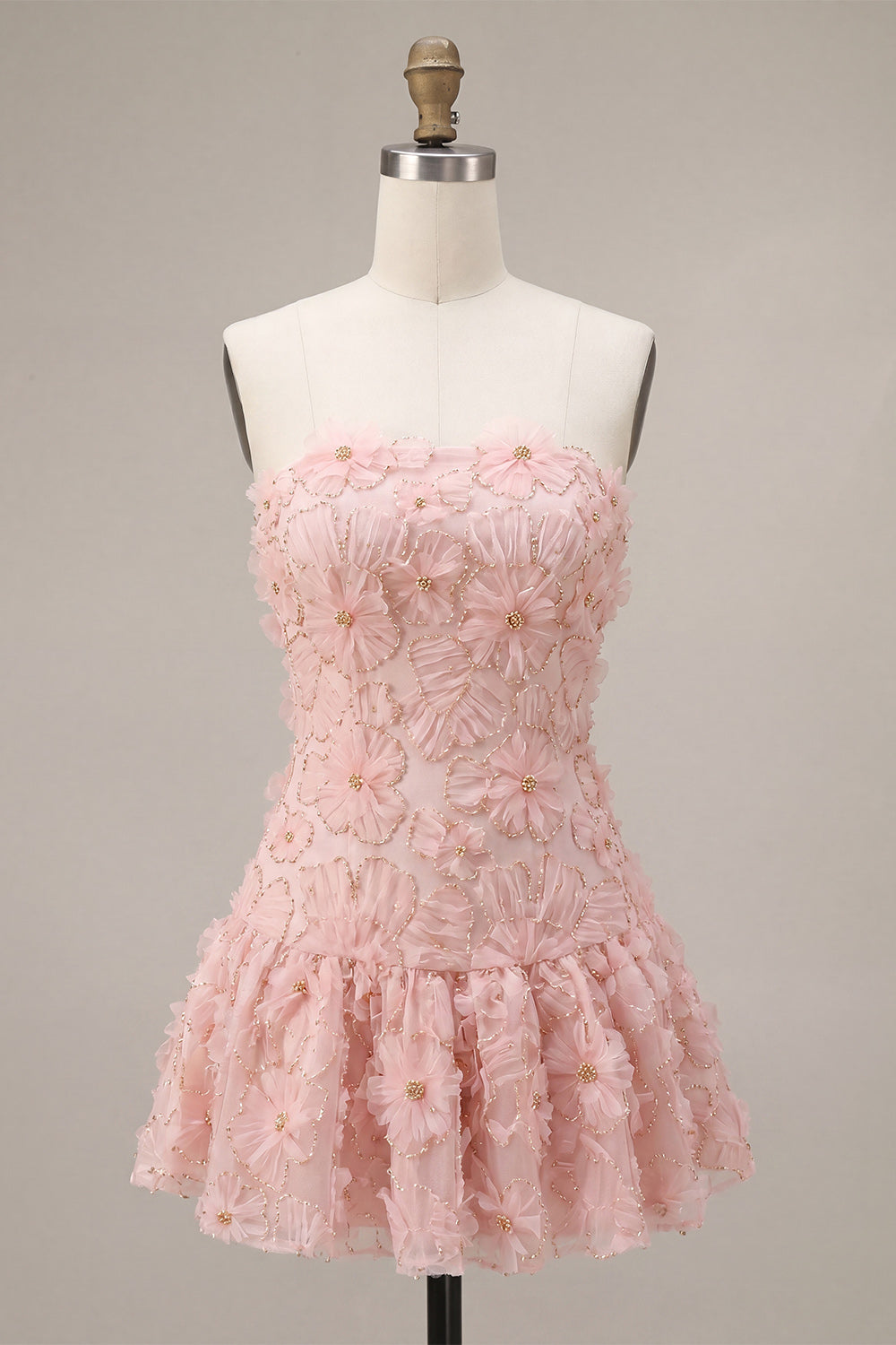 Floral Pink Beaded A-Line Short Homecoming Dress