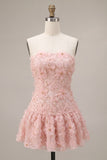 Floral Pink Beaded A-Line Short Homecoming Dress