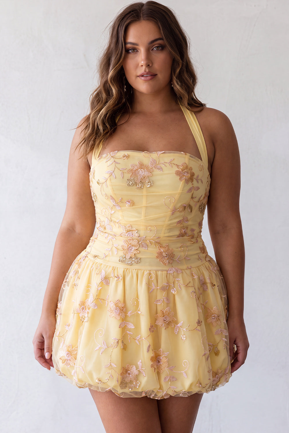 Floral Yellow Halter A-Line Short Corset Homecoming Dress