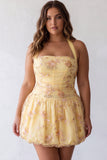 Floral Yellow Halter A-Line Short Corset Homecoming Dress