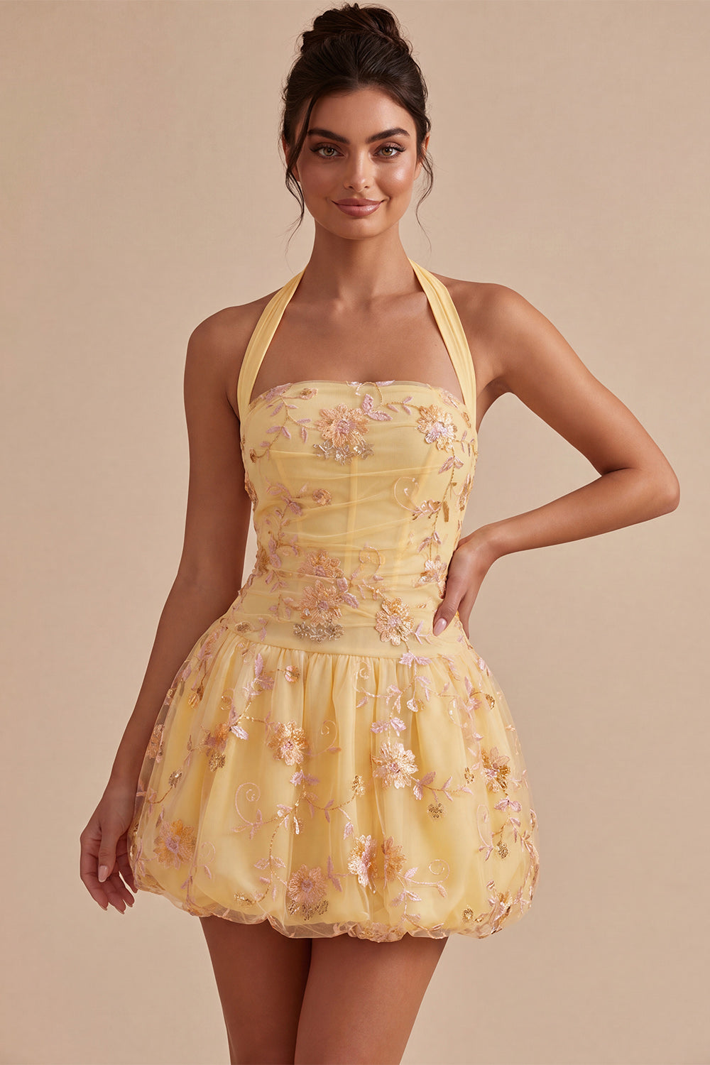 Floral Yellow Halter A-Line Short Corset Homecoming Dress