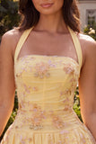 Floral Yellow Halter A-Line Short Corset Homecoming Dress