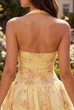 Floral Yellow Halter A-Line Short Corset Homecoming Dress