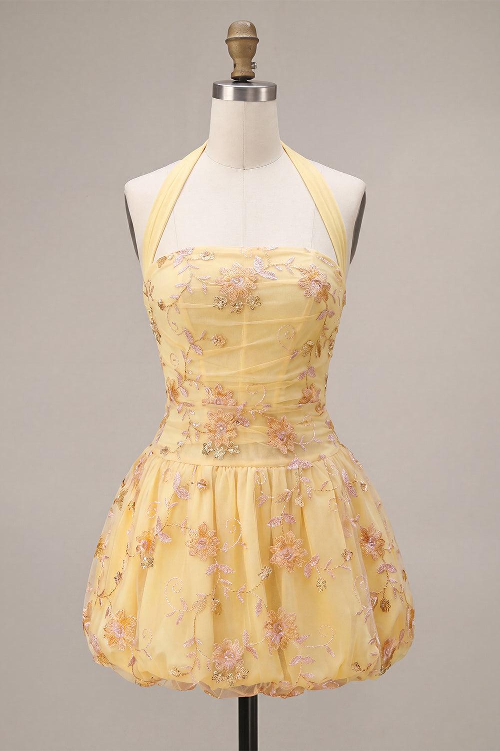 Floral Yellow Halter A-Line Short Corset Homecoming Dress