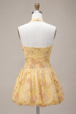 Floral Yellow Halter A-Line Short Corset Homecoming Dress