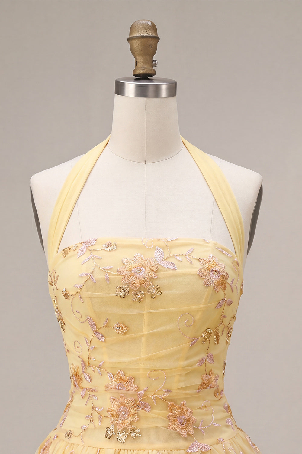 Floral Yellow Halter A-Line Short Corset Homecoming Dress