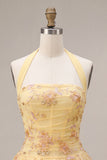 Floral Yellow Halter A-Line Short Corset Homecoming Dress