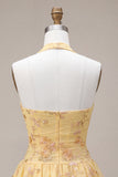 Floral Yellow Halter A-Line Short Corset Homecoming Dress