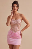 Sparkly Pink Ruched Corset Short Homecoming Dress with Rhinestones