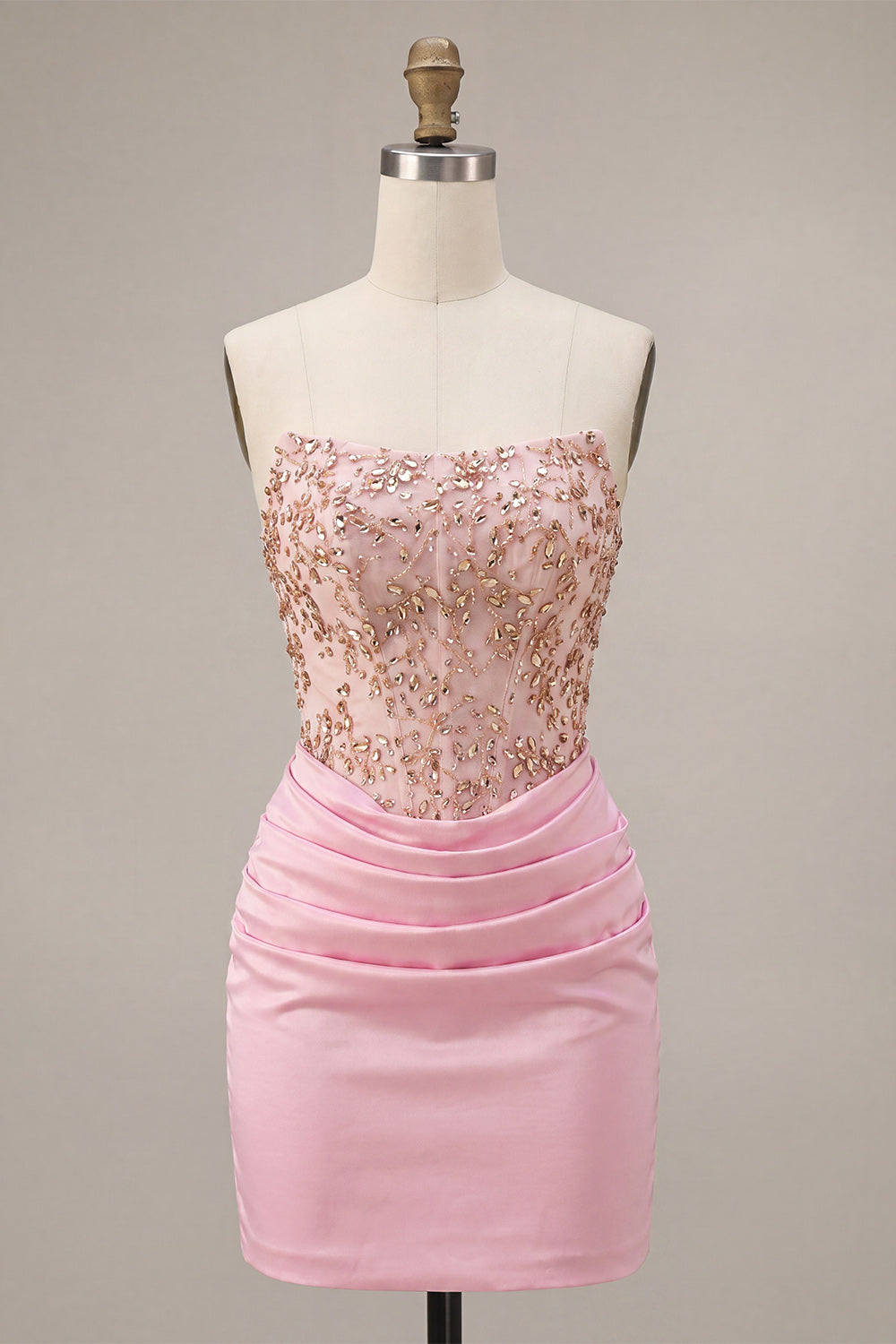 Sparkly Pink Ruched Corset Short Homecoming Dress with Rhinestones
