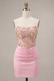 Sparkly Pink Ruched Corset Short Homecoming Dress with Rhinestones