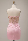 Sparkly Pink Ruched Corset Short Homecoming Dress with Rhinestones