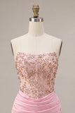 Sparkly Pink Ruched Corset Short Homecoming Dress with Rhinestones
