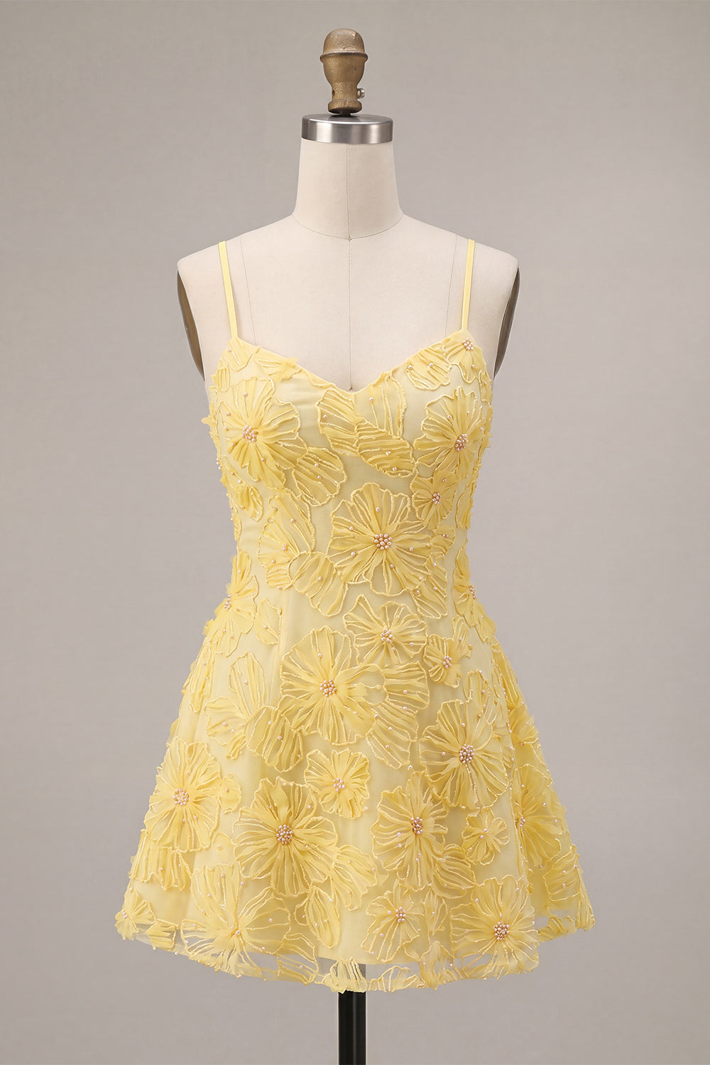 Floral Yellow Beaded A-Line Short Homecoming Dress