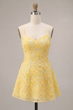 Floral Yellow Beaded A-Line Short Homecoming Dress