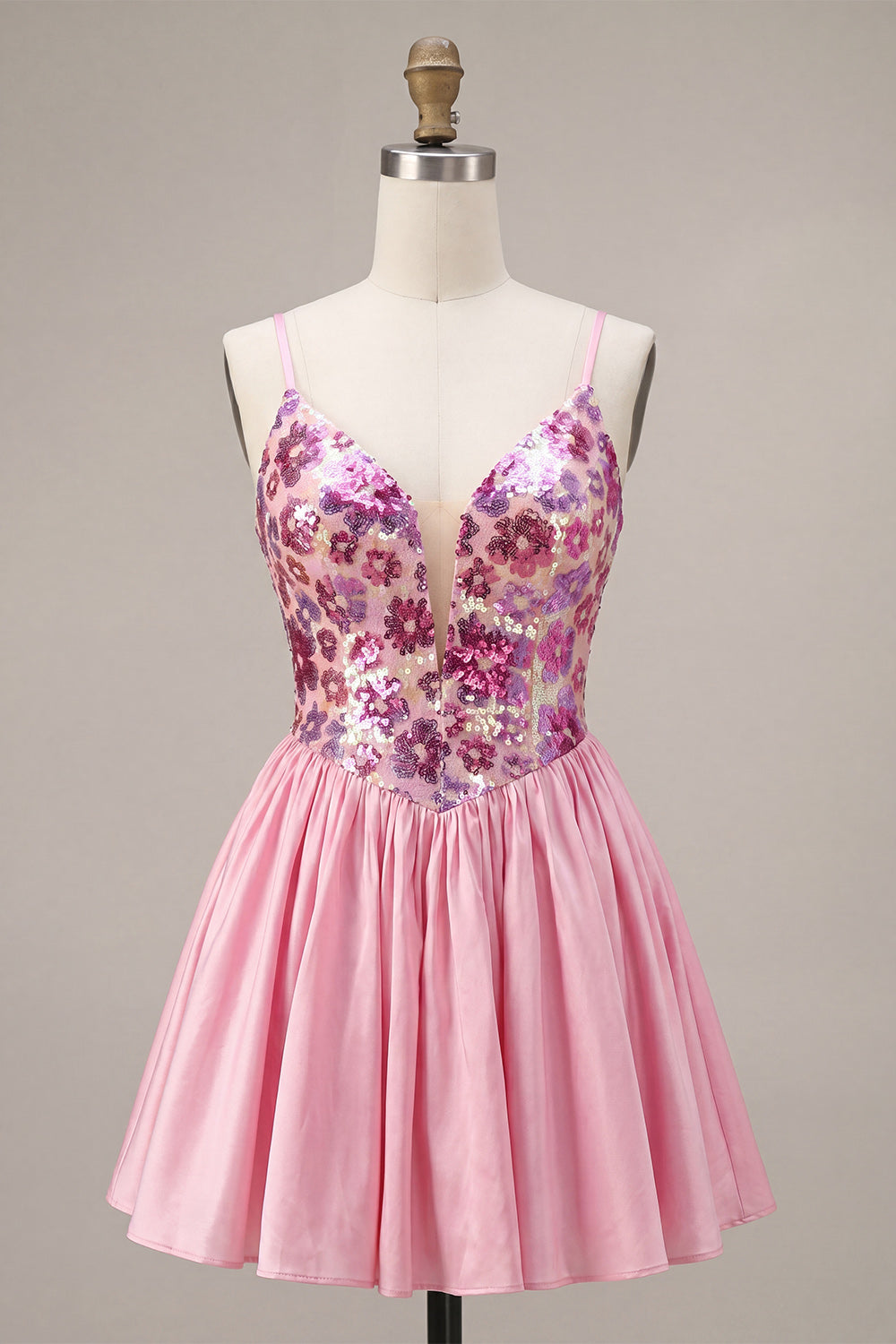 Sparkly Pink Floral Sequin A-Line Short Homecoming Dress