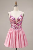 Sparkly Pink Floral Sequin A-Line Short Homecoming Dress