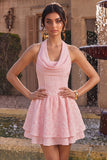 Floral Pink Jacquard Halter A-Line Short Homecoming Dress