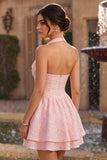 Floral Pink Jacquard Halter A-Line Short Homecoming Dress