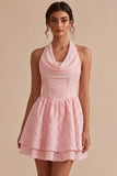 Floral Pink Jacquard Halter A-Line Short Homecoming Dress