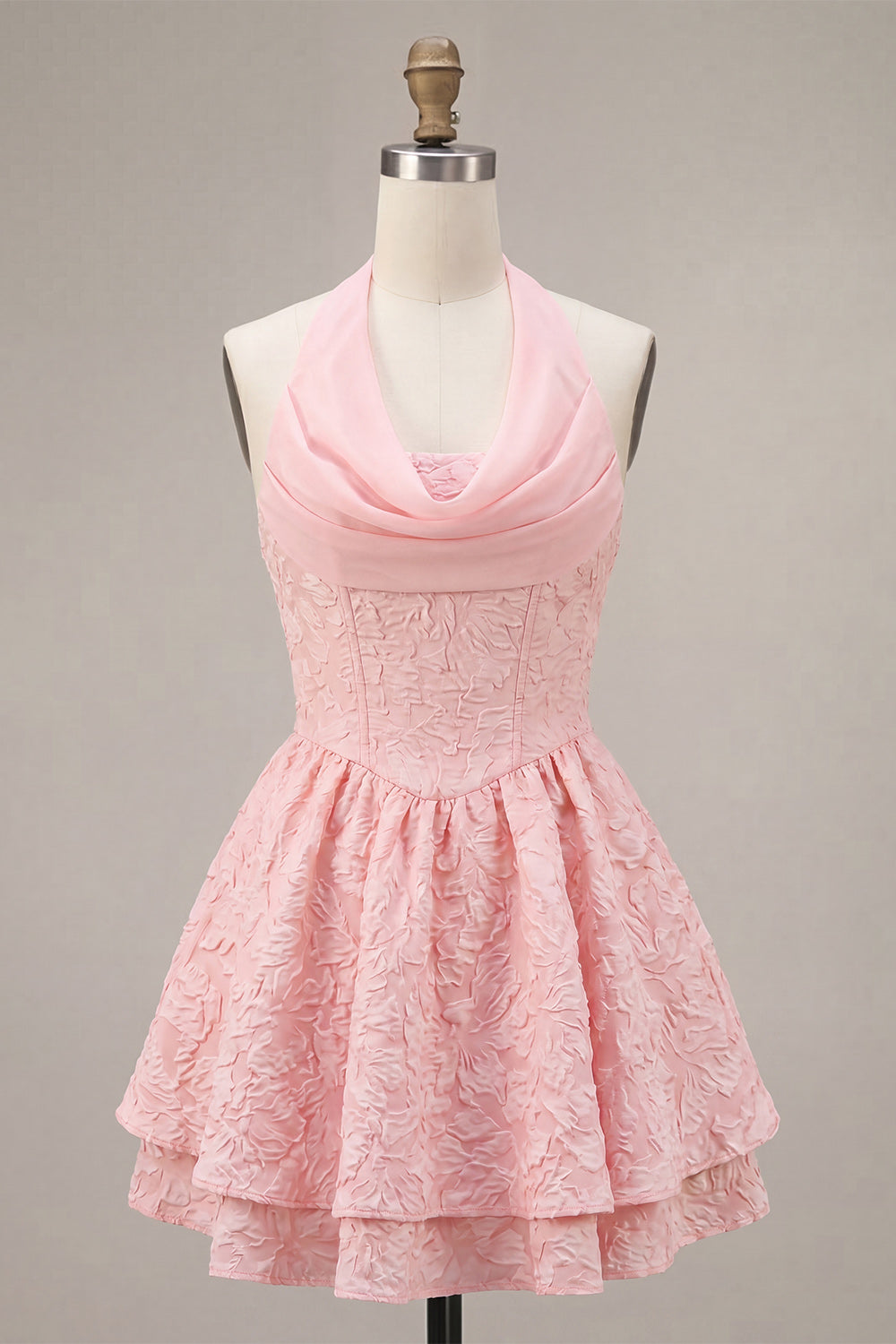 Floral Pink Jacquard Halter A-Line Short Homecoming Dress