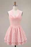 Floral Pink Jacquard Halter A-Line Short Homecoming Dress