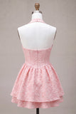 Floral Pink Jacquard Halter A-Line Short Homecoming Dress