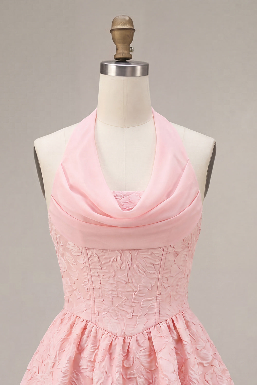 Floral Pink Jacquard Halter A-Line Short Homecoming Dress