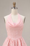 Floral Pink Jacquard Halter A-Line Short Homecoming Dress