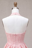 Floral Pink Jacquard Halter A-Line Short Homecoming Dress