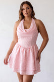 Floral Pink Jacquard Halter A-Line Short Homecoming Dress