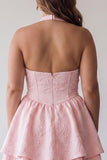 Floral Pink Jacquard Halter A-Line Short Homecoming Dress