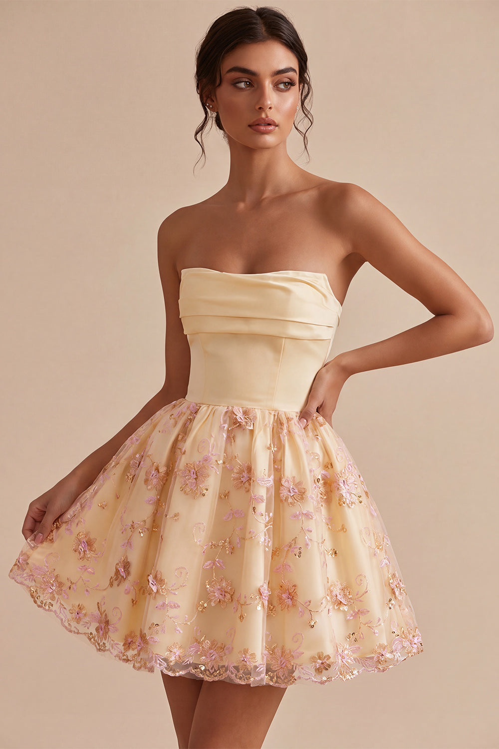 Sparkly Floral Light Yellow Sequin A-Line Short Homecoming Dress