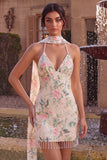 Sparkly White Pink Flower Tight Sequin Fringed Short Homecoming Dress