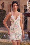 Sparkly White Pink Flower Tight Sequin Fringed Short Homecoming Dress