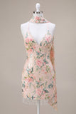 Sparkly White Pink Flower Tight Sequin Fringed Short Homecoming Dress