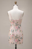 Sparkly White Pink Flower Tight Sequin Fringed Short Homecoming Dress