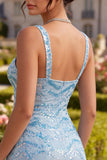 Sparkly Sky Blue Sequin Tight Short Homecoming Dress with Slit