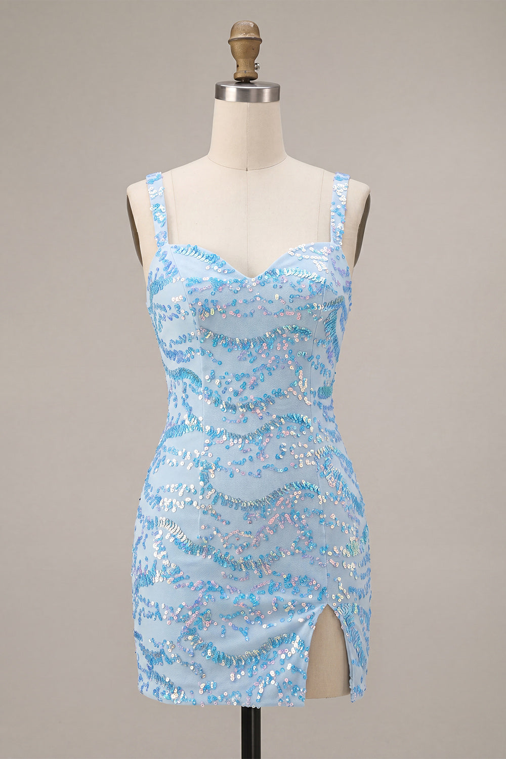 Sparkly Sky Blue Sequin Tight Short Homecoming Dress with Slit