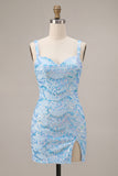 Sparkly Sky Blue Sequin Tight Short Homecoming Dress with Slit