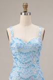 Sparkly Sky Blue Sequin Tight Short Homecoming Dress with Slit