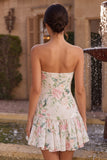 White Pink Flower Sequin A-Line Short Homecoming Dress with Neck Scarf