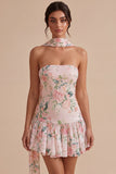 White Pink Flower Sequin A-Line Short Homecoming Dress with Neck Scarf