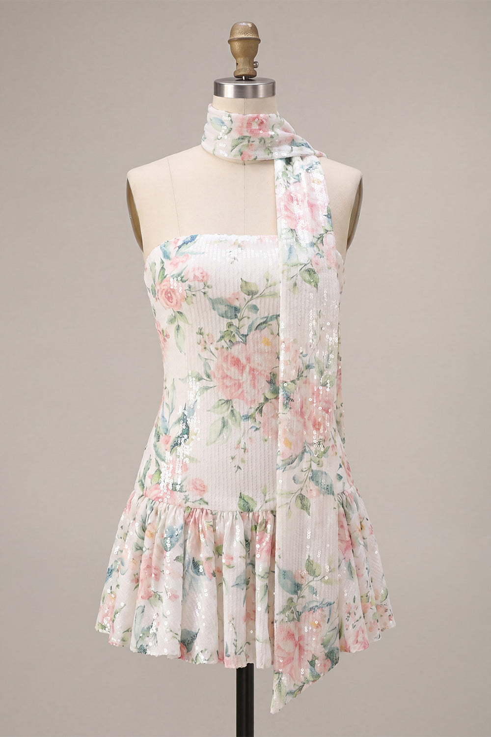 White Pink Flower Sequin A-Line Short Homecoming Dress with Neck Scarf