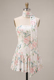 White Pink Flower Sequin A-Line Short Homecoming Dress with Neck Scarf